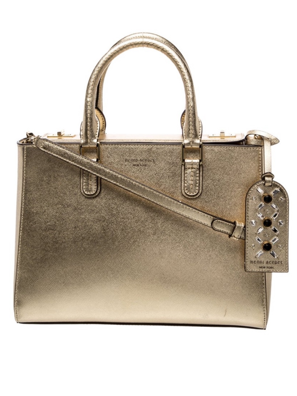 henri bendel Metallic Gold Top-Handle Satchel w/crossbody + Embellished Hang Tag